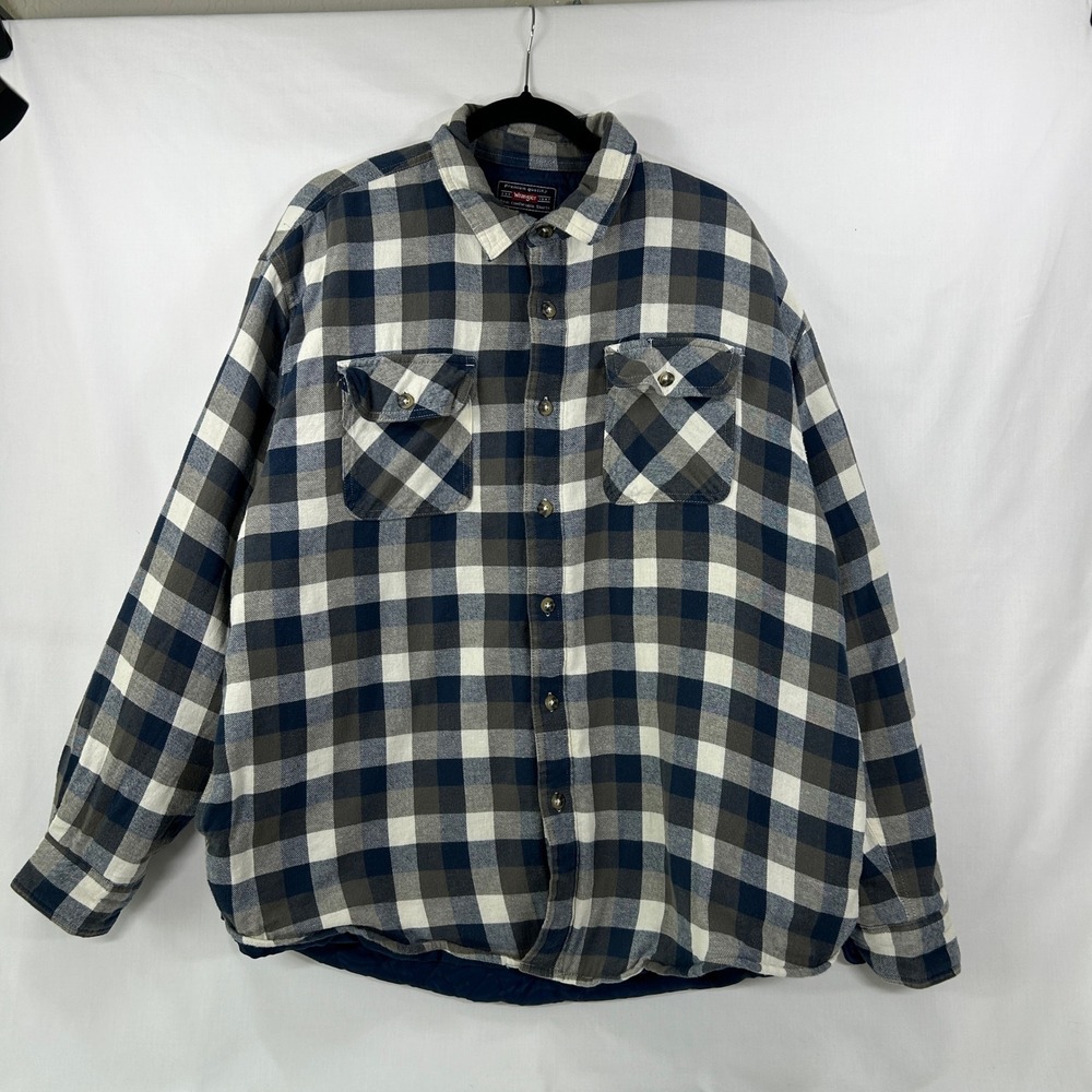 Wrangler Quilted Lined Blue Brown Plaid Flannel Shirt Jacket Size XL